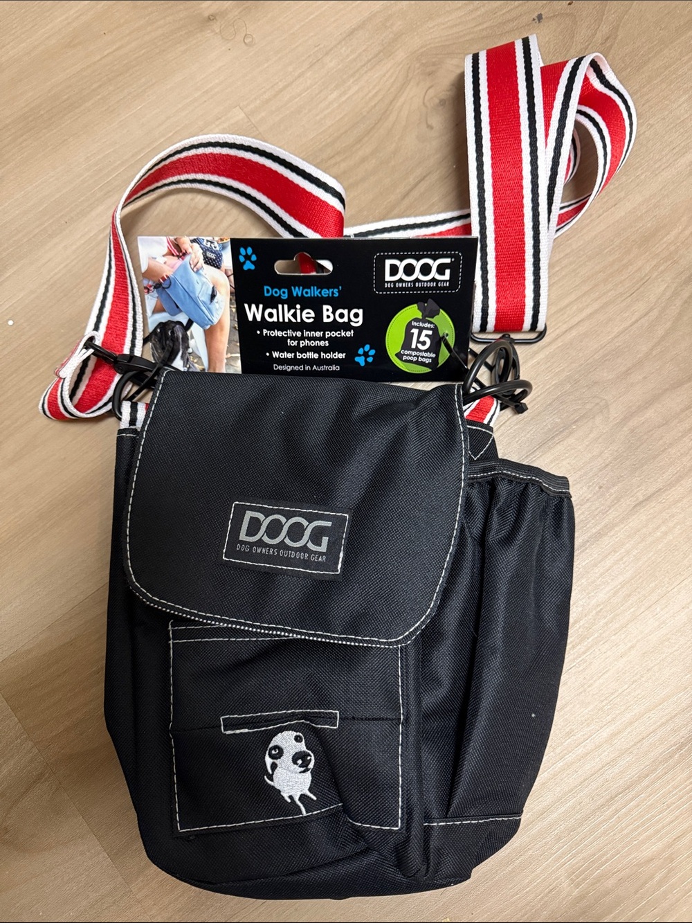 DOOG Black Walkie Bag with Red-White Striped Strap